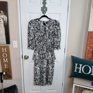 Luci Fellini Vintage Size 14P Peplum Secretary Dress Black Ivory Floral